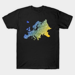 Colorful mandala art map of Europe with text in blue and yellow T-Shirt